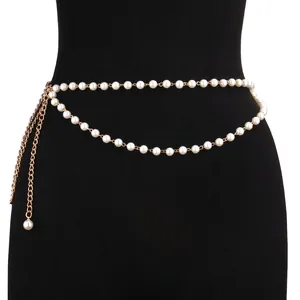 Elegant Multi-Layer Gold Metal Waist Chain With White Imitation Artificial Pearls Adjustable Body Chain For Women Fashion Dress Accessory