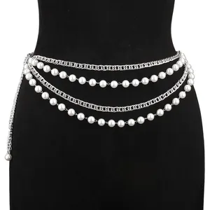 Elegant silver multi-layer body chain with white faux pearls on black background