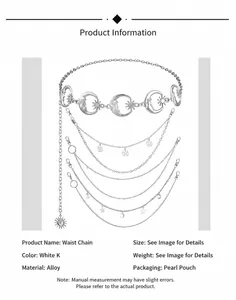 Detailed size chart for multilayered silver sun and moon hip-hop waist chain