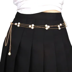 Elegant multi-layer gold metal waist chain with white pearls for women's dress accessories