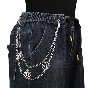 Multi-layer silver metal waist chain with pentagram pendants for jeans and pants