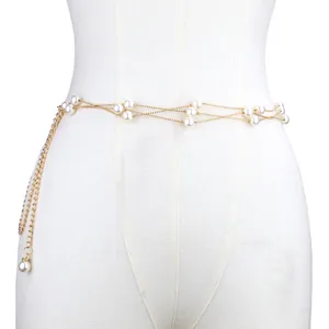 Elegant adjustable multilayer gold metal waist chain featuring white faux pearl clusters