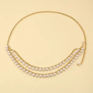 Vintage multi-layer gold metal waist chain for women with elegant white faux pearl tassels