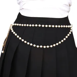 Elegant multilayer pearl waist chain with adjustable gold metal link and lobster clasp