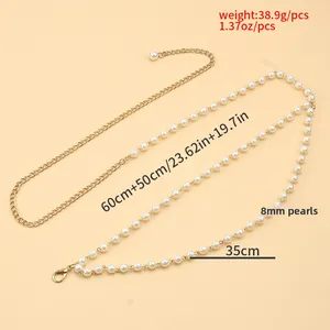 Detail view of 8mm pearl and gold metal waist chain with dimensions and weight specs