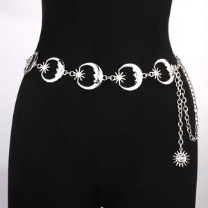 Bohemian silver moon and star waist chain belt with sun pendant on model