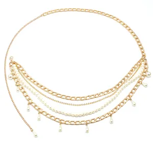 Elegant multi-layered gold waist chain with white pearls and sparkling rhinestones