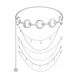 Vintage Gothic Moon Star Sun Waist Chain Hip Hop Punk Silver Alloy Multi Layer Body Chain Belt Jewelry For Women Streetwear