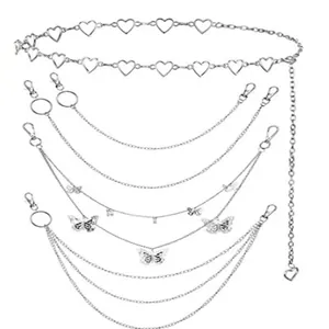 Y2K style silver multilayer metal waist chain with butterfly pendant and heart links