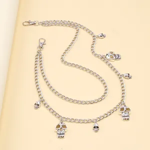 Punk silver double-layered metal trousers chain with gothic skull pendants and lobster clasps