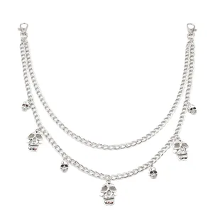 Double-layer silver punk waist chain featuring metal skull charms and lobster clasps