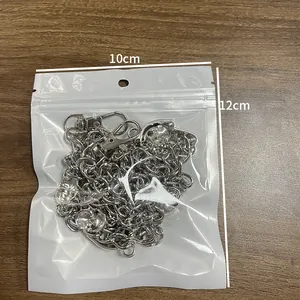 Detailed view of silver punk skull chain in transparent retail bag with dimensions