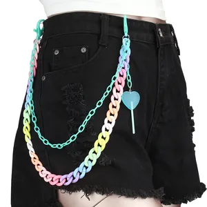 Y2K colorful acrylic layered pants chain with heart lollipop pendant on denim