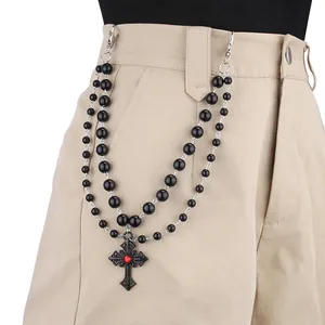 Gothic Dunkle Doppelreihige Schwarze Perlen Hosenkette Legierung Kreuzanhänger Mit Rotem Edelstein Punk Hüftkette Hip Hop Schmuckzubehör