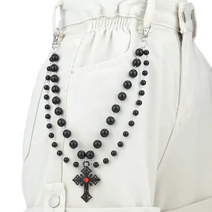 Gotische doppellagige schwarze Perlen-Hosenkette mit Vintage-Kreuz und rotem Edelstein