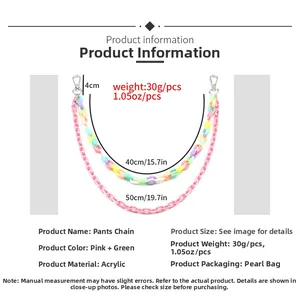 Detailed size specifications for double-layer pink and green acrylic trousers chain