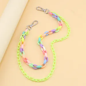 Detail of colorful acrylic chain with macaron links and silver metal lobster clasps