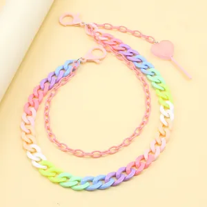 Double-layered macaron resin pants chain with colorful links and heart lollipop pendant