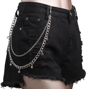Hip Hop Double Layer Pants Chain With 3D Pentagram Star Pendants Silver Alloy Jeans Waist Chain For Men Women Streetwear