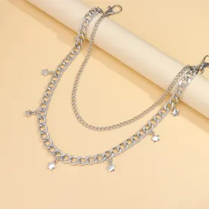 Silver double-layered metal hip hop trouser chain with 3D star pendants and lobster clasps