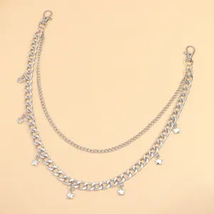 Hip hop silver multi-layer pant chain with stars and Cuban links for jeans