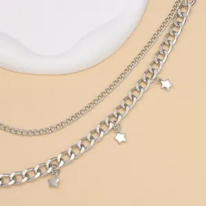 Classic silver double layer star waist chain for hip hop style jeans and trousers