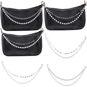 Black crocodile texture baguette bag with decorative faux pearl and metal link chains
