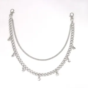Double-layered silver pant chain featuring solid star pendants and secure lobster clasps