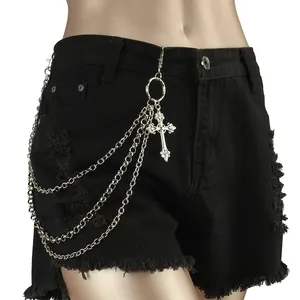 Punk Gothic Triple Layered Pants Chain Hip Hop Alloy Cross Pendant Waist Chain For Men Women Jeans Decoration Accessory