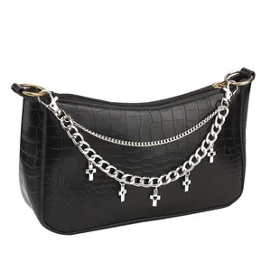 Black faux crocodile shoulder bag with double silver chains and cross charms