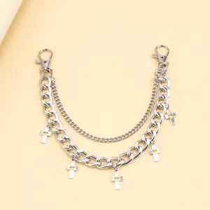 Dual-layer silver metal bag chain with hollow heart cross pendants and lobster clasps