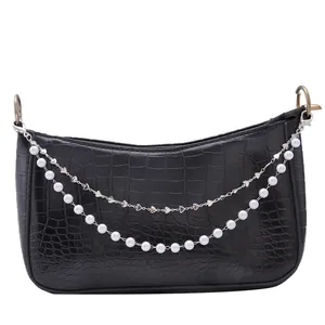 Black crocodile pattern crescent shoulder bag with pearl and silver heart chain straps