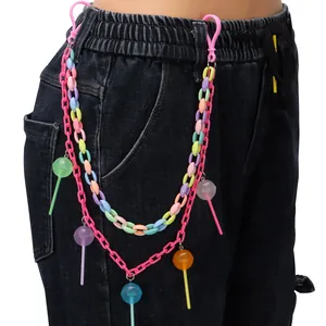 Women Layered Acrylic Pant Chain Colorful Candy Colored Lollipop Heart Flower Pendant Waist Chain Y2K Harajuku Style Accessory