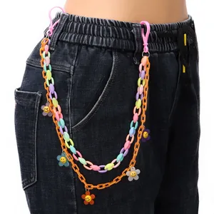 Colorful Y2K acrylic trouser chain with multi-color flower charms and pink lobster clasps