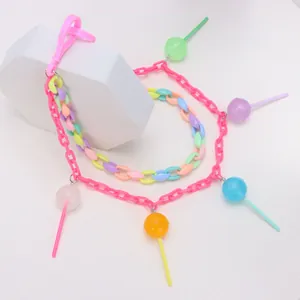 Colorful acrylic double-layered necklace with candy lollipops and macaron chain links
