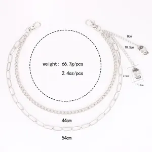 Silver punk waist chain with double-layered metal rings, skull pendants and lobster clasps