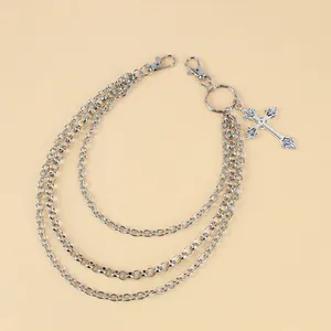 Three-layer silver metal pants chain with punk cross pendant and dual lobster clasps
