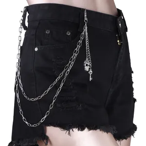 Punk Metal Skull Key Pendant Double Layer Pant Chain For Women Men Hip Hop Silver Gothic Jeans Waist Chain Belt Jewelry