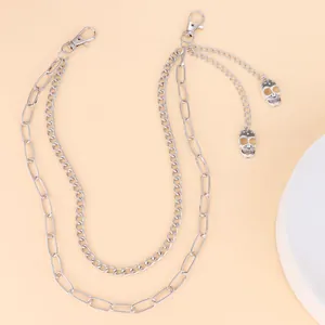 Double-layered punk skull waist chain with silver alloy links and lobster clasps