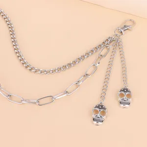 Punk style multi-layer silver pants chain with metal skull pendants and lobster clasp
