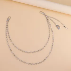 Double-layered silver skull and key metal wallet chain with punk lobster clasps