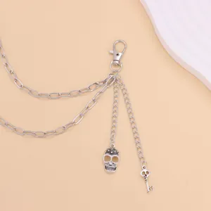 Punk silver double-layer trousers chain with metal skull and key pendants and lobster clasp