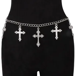 Gothic Vintage Zilveren Metalen Kruis Hanger Tailleketting Voor Dames Heren Verstelbaar Enkellaags Hip Hop Lichaamsketting