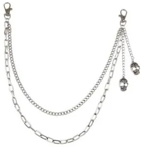 Punk style multi-layered silver waist chain featuring skull charms and lobster clasps