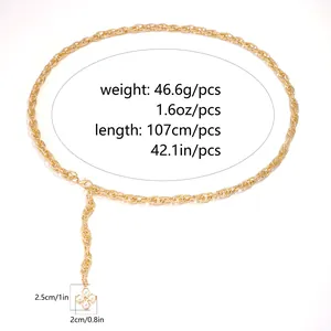 Detail of gold metal waist chain with 107cm length and flower pendant measurements