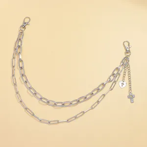 Double-layered hip hop metal pants chain with cross pendants in silver finish