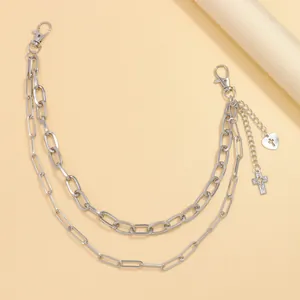 Silver hip hop double layer metal pants chain with cross and heart pendants