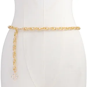 Elegant Metal Link Waist Chain Belt For Women Gold Silver Alloy Rhinestone Flower Heart Pearl Pendant Adjustable Dress Accessories