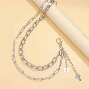 Hip hop silver double-layered metal pant chain with hollow heart and cross pendants