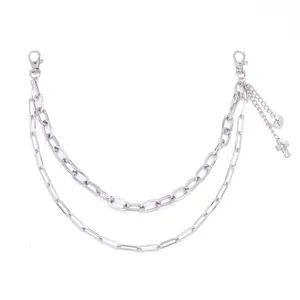 Hip hop silver double-layered pants chain with cross and heart pendants and lobster clasps